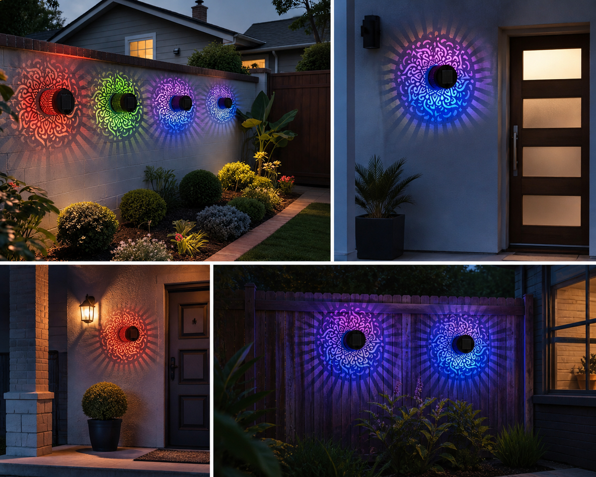 Solar Powered Mandala Light - colorful mandala lights on outdoor walls